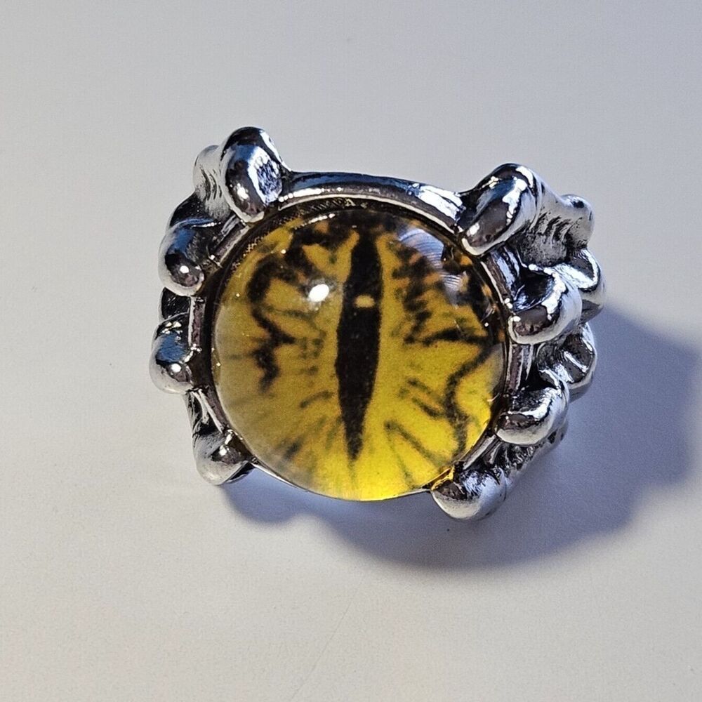 Silver Tone Yellow Dragon Eye Adjustable Ring